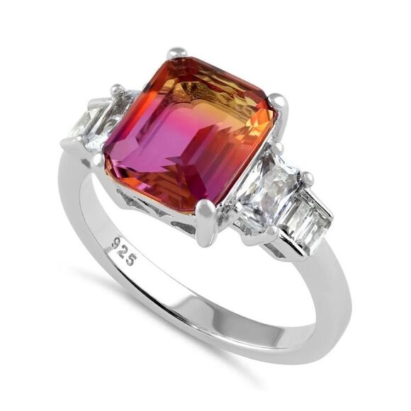 Sterling Silver Unique Padparadscha Sapphire Emerald CZ Ring - Picture 1 of 8